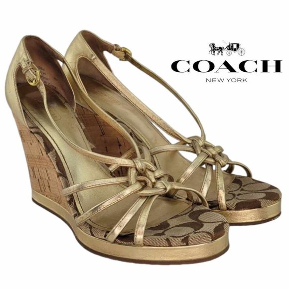 AUTHENTIC Coach Joslin Cork Strapped Wedge Sandal 9M - Gold - LIKE NEW - Picture 1 of 13